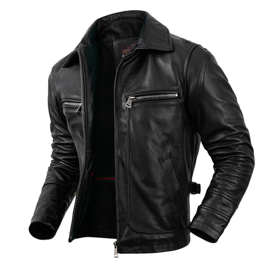 Chaqueta de Cuero Genuino Premium – Corte Slim con Solapa y Cremallera Clásica